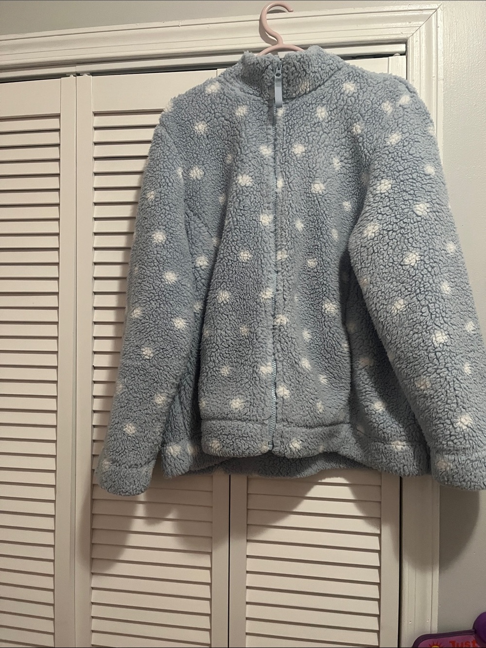croft & barrow Light Blue Sherpa Zip Jacket with White Polka Dots
